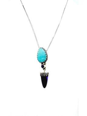 Sterling silver chain silver encased etched Larimar & amethyst necklace